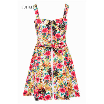 Zip Front Tropical Print Skater Vestido Das Mulheres